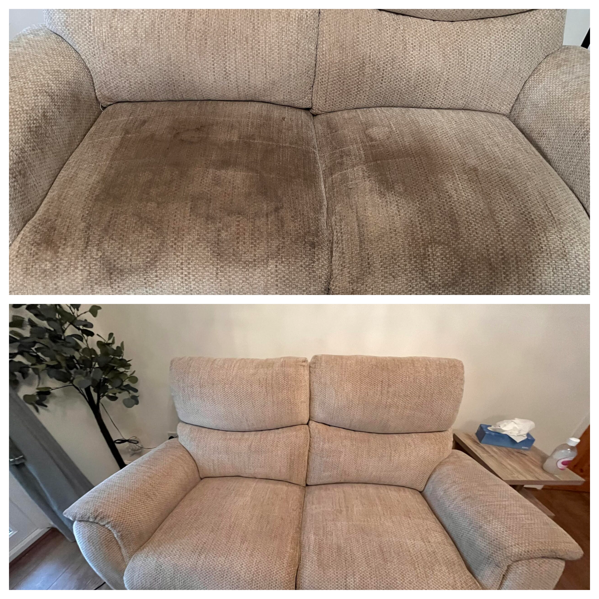 Upholstered sofa before and after professional cleaning