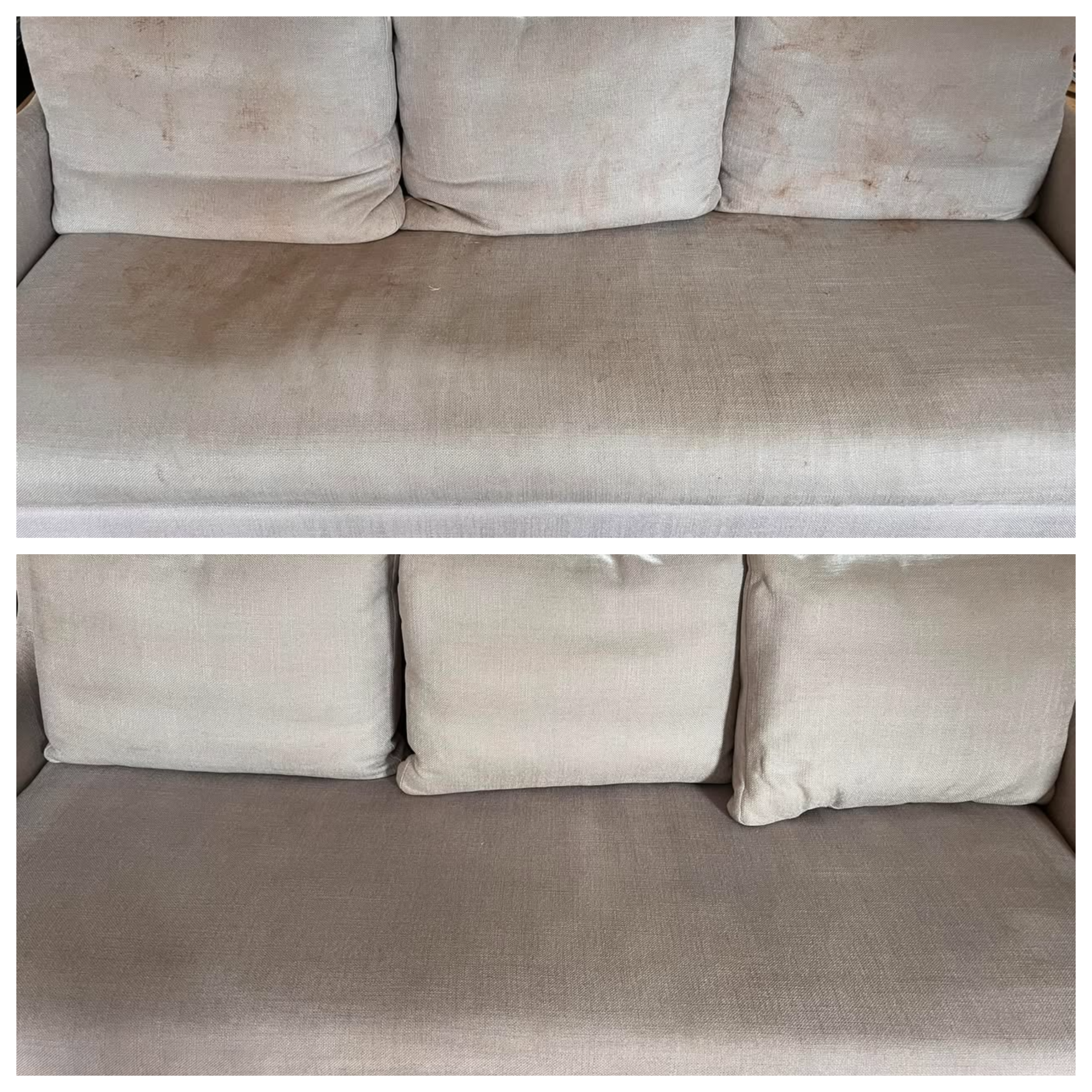 Light-coloured fabric sofa before and after professional upholstery cleaning